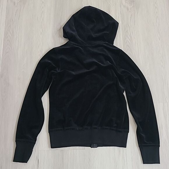 Black Velvet Velour Tracksuit Hooded Jacket Size Large Y2K Hoodie Soft Full Zip - Picture 5 of 5